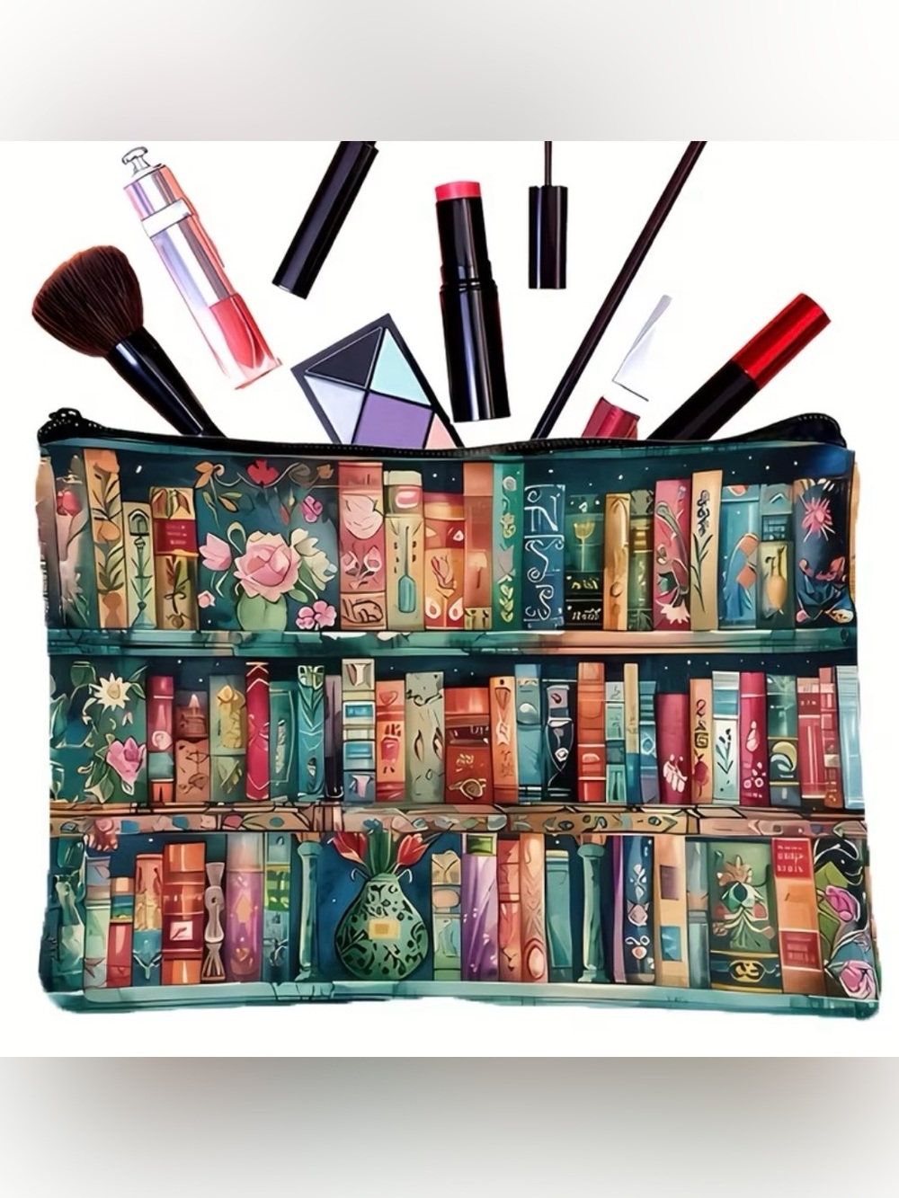 Books on Bookshelves Cosmetic Bag Flowers Vase Colorful Library Reads Makeup
